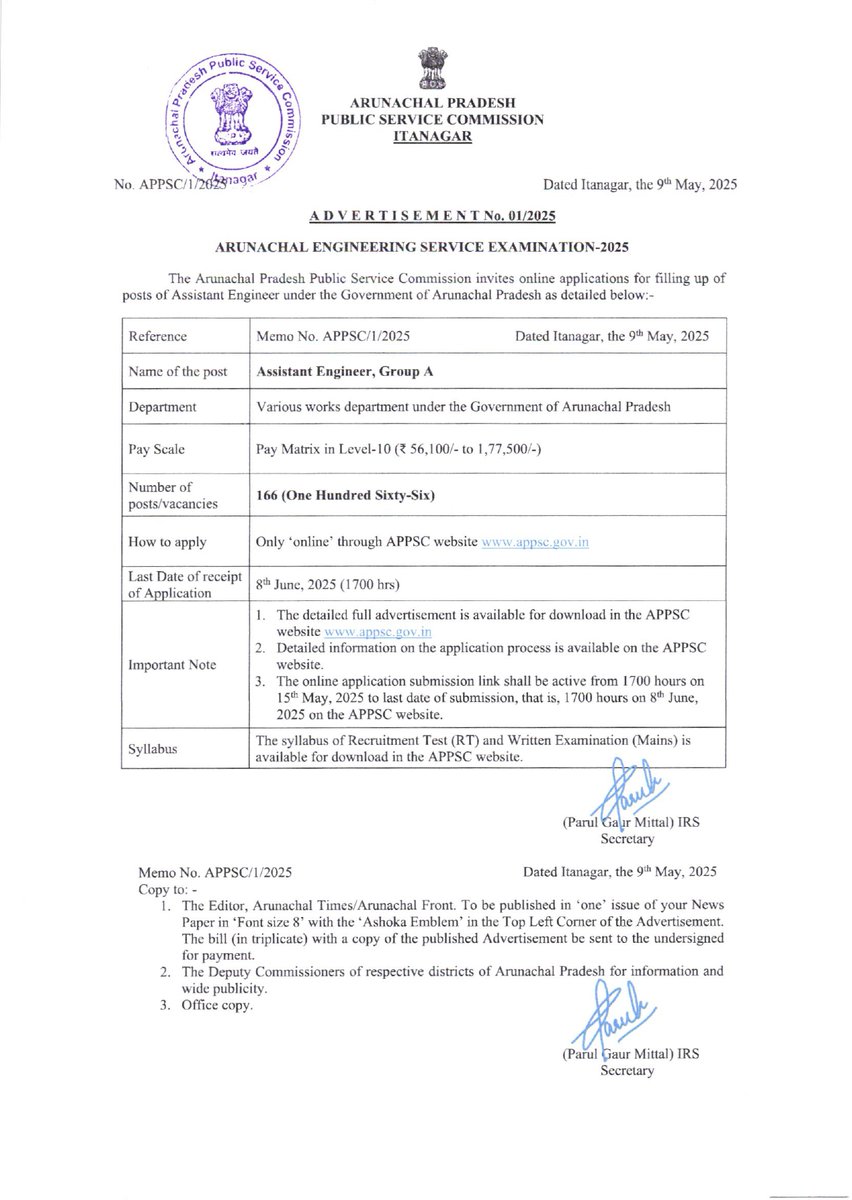 APPSC_Official's tweet image. Advertisement for Arunachal Engineering Service Examination-2025