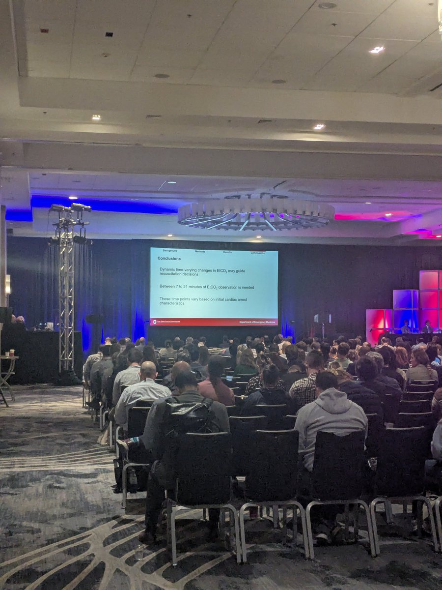 How much time is required for ETCO2 trajectory during OHCA resuscitation to predict ROSC risk? 

7-21 minutes, depending on phenotype. Promising area for future research presented at #SAEM25