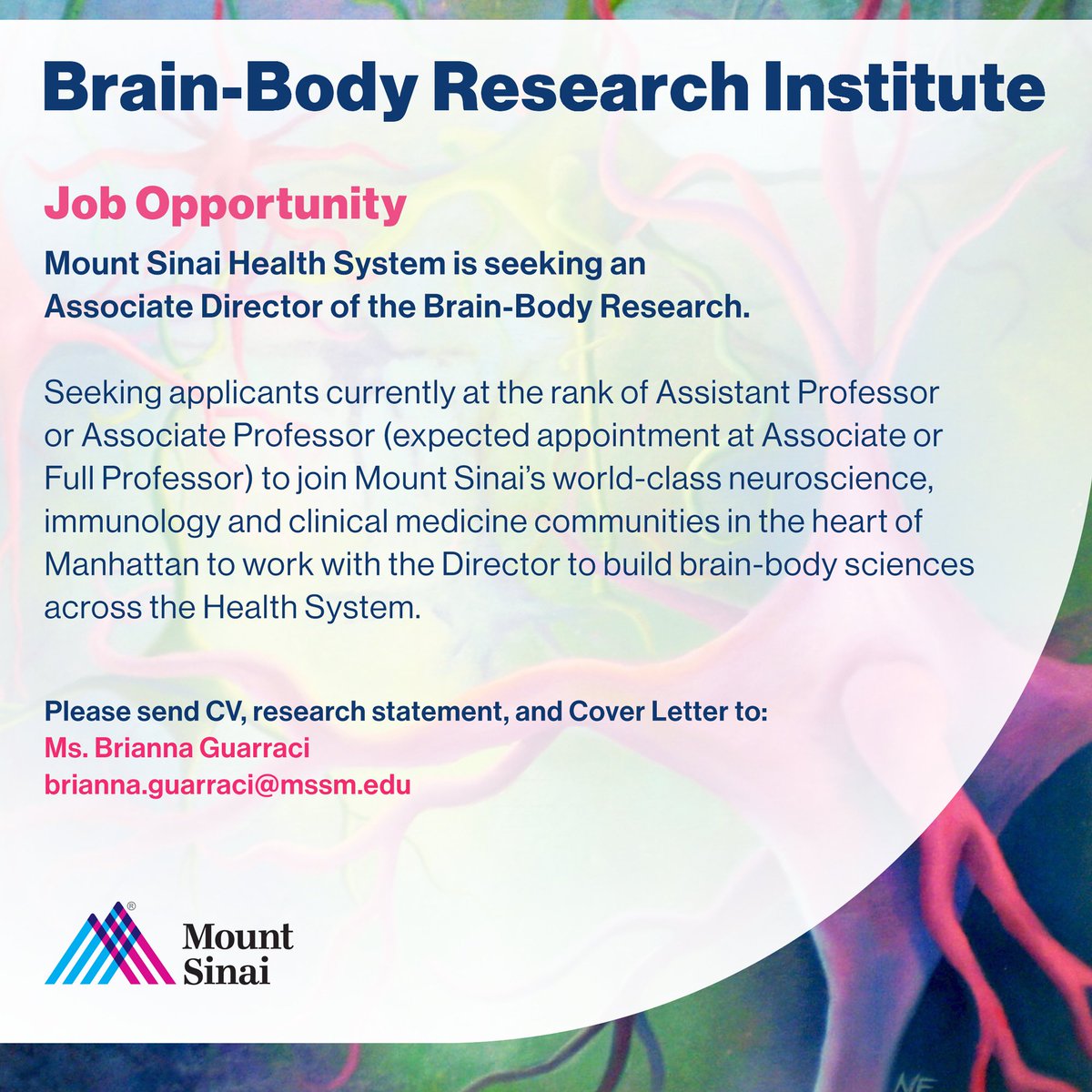 Scott Russo (@scottrussophd) on Twitter photo The Brain-Body Research Institute <a href="/IcahnMountSinai/">Icahn School of Medicine at Mount Sinai</a> is hiring an Associate Director to build clinical and translational research in brain-body sciences. See ad here: neuroscience.mssm.edu/pdf/Brain-Bodyā¦. <a href="/SinaiBrain/">Friedman Brain Institute</a> <a href="/MiriamMerad/">Miriam Merad, MD, PhD</a> <a href="/itchdoctor/">Brian S. Kim</a> <a href="/SwirskiLab/">Fil Swirski & Scientists</a> <a href="/BrainBody_Lab/">Abha Karki Rajbhandari, PhD</a> The Brain-Body Research Institute <a href="/IcahnMountSinai/">Icahn School of Medicine at Mount Sinai</a> is hiring an Associate Director to build clinical and translational research in brain-body sciences. See ad here: neuroscience.mssm.edu/pdf/Brain-Bodyā¦. <a href="/SinaiBrain/">Friedman Brain Institute</a> <a href="/MiriamMerad/">Miriam Merad, MD, PhD</a> <a href="/itchdoctor/">Brian S. Kim</a> <a href="/SwirskiLab/">Fil Swirski & Scientists</a> <a href="/BrainBody_Lab/">Abha Karki Rajbhandari, PhD</a>
