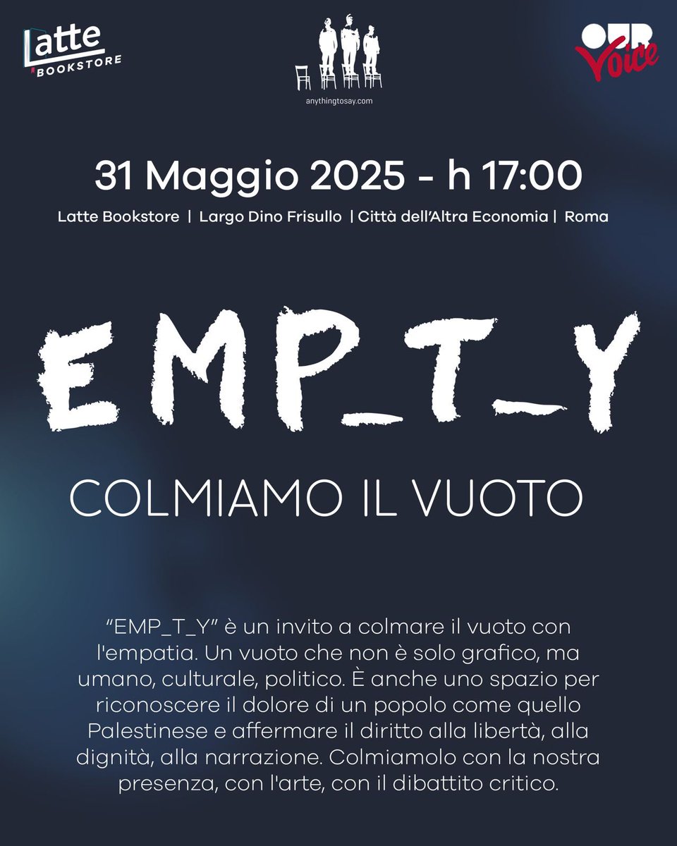 “EMP_T_Y” è un invito a colmare il vuoto con l'empatia. Un vuoto oltre che grafico, umano, culturale, politico. Un’incontro per riconoscere il dolore dei Palestinesi e affermare il diritto alla libertà, alla dignità e colmarlo con la presenza, con l'arte, con il dibattito critico