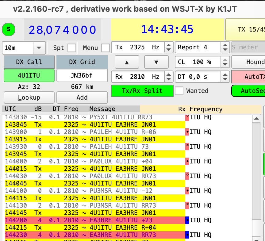 A perfect day...
4U1ITU United Nations in Geneva worked at 10m, when the signal changed from -15 to +2 (new antenna orientation).

#amateurradio #dxing #dx #propagation #DXCC