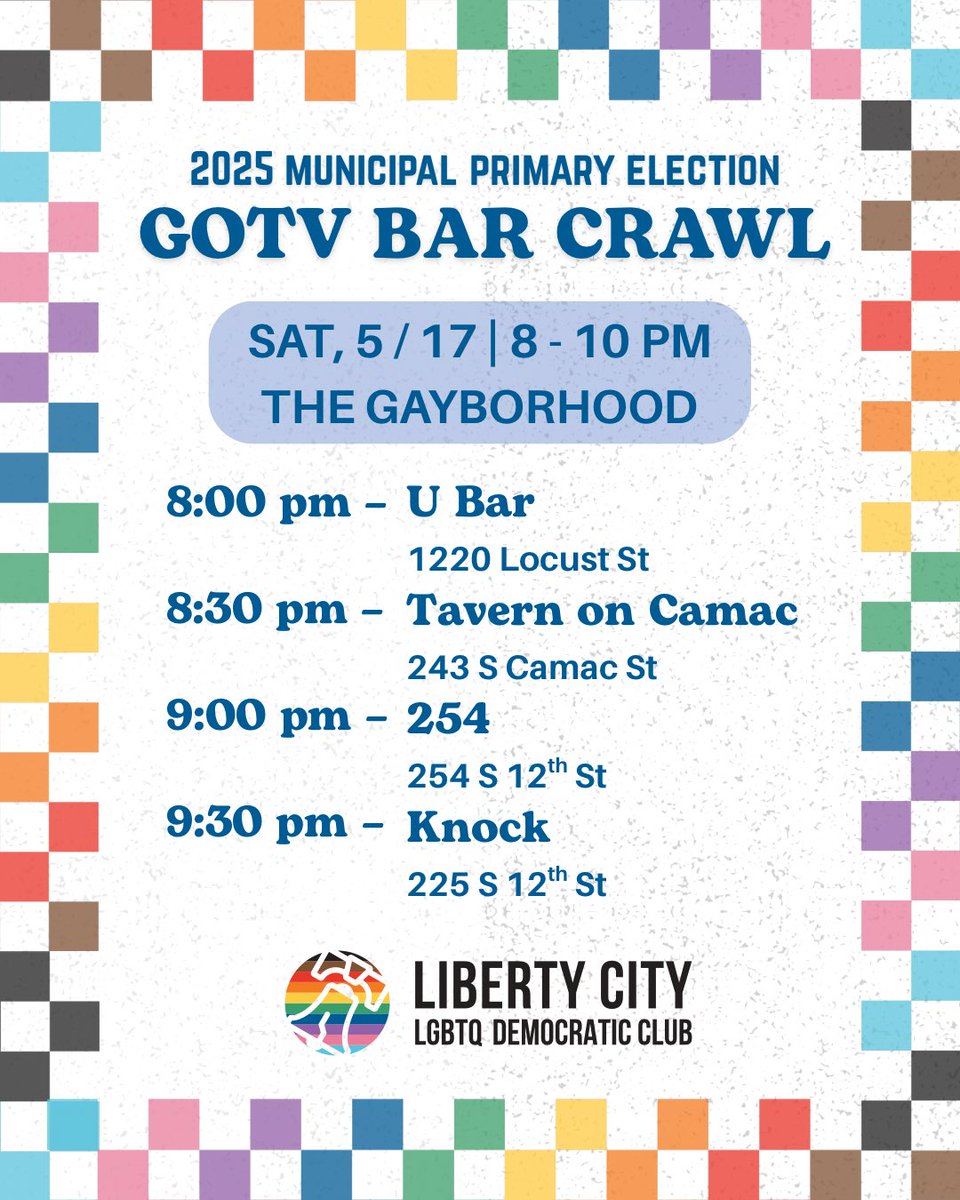 🍕🚨 Hot To Go! 🚨🍕

Join us this Saturday, 5/17 for the Liberty City 2025 Municipal Primary Election Bar Crawl and enjoy 35% pizza off at Pizzeria Capelli <a href="/PhillyGayPizza/">Gay Pizza</a>
