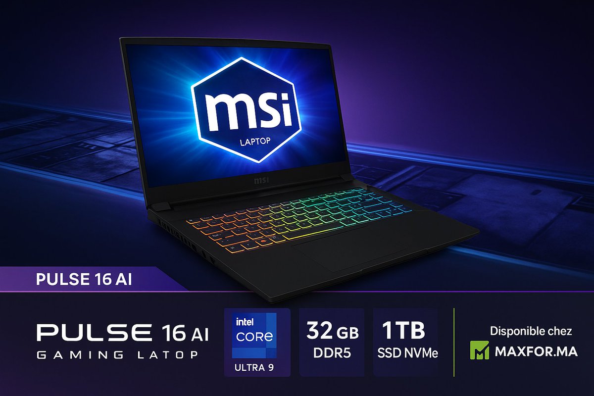 maxfor_systeme's tweet image. 🚀 MSI Pulse 16 AI dispo chez Maxfor Système
🔹 Intel® Core™ Ultra 9 185H - AI Boost
🔹 32 Go DDR5 | SSD 1 To
🔹 RTX 4060 – 140W – 233 AI TOPS
🔹 Écran 16&quot; QHD+ | 240Hz | RGB keyboard
💻 Puissance ultime pour gaming &amp;amp; IA 🤖
📍 maxfor.ma/boutique/pc-po…
#MSI #RTX4060 #IntelUltra9
