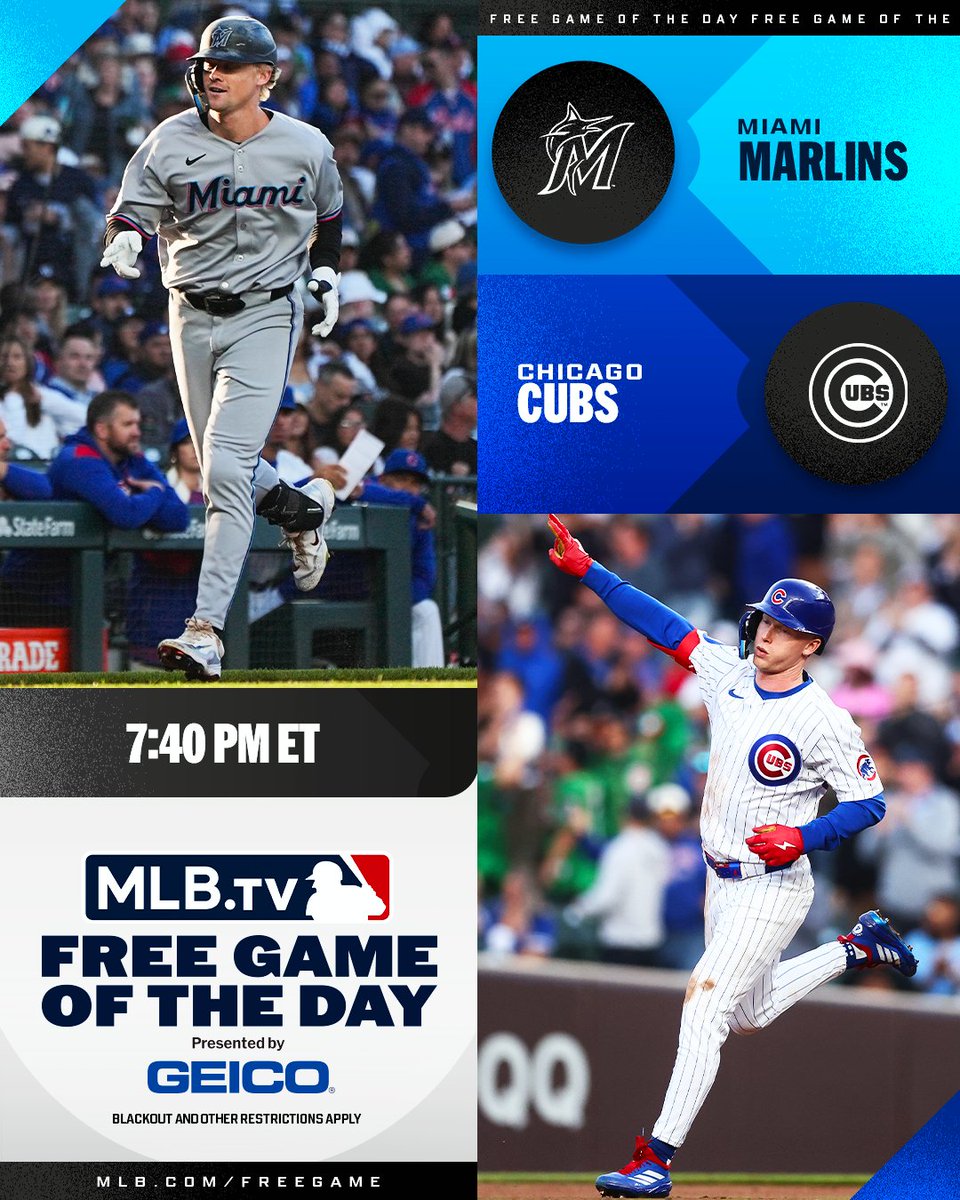 MLB.TV (@mlbtv) on Twitter photo Kyle Stowers and the <a href="/Marlins/">Miami Marlins</a> wrap up their series against Pete Crow-Armstrong and the <a href="/Cubs/">Chicago Cubs</a> at Wrigley Field.
Watch for FREE at 7:40 PM ET on #MLBTV.
(MLB x GEICO) Kyle Stowers and the <a href="/Marlins/">Miami Marlins</a> wrap up their series against Pete Crow-Armstrong and the <a href="/Cubs/">Chicago Cubs</a> at Wrigley Field.
Watch for FREE at 7:40 PM ET on #MLBTV.
(MLB x GEICO)
