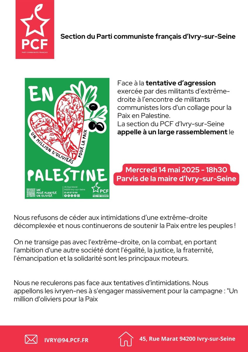 Face à l'extrême-droite, on ne recule pas !
Soutien plein et entier aux camarades de la section du <a href="/PCF_Ivry/">PCF Ivry-sur-Seine</a>  agressé lors d'un collage pour la paix en #palestine. 
Le 14 mai à 18h30, soyons nombreuses et nombreux devant la Mairie d'#Ivry
