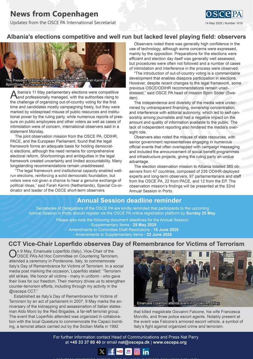 OSCE PA (@oscepa) on Twitter photo NfC 1010: OSCE PA observes parliamentary elections in Albania; Annual Session deadline reminder; #CounterTerrorism committee Vice-Chair <a href="/LopezPn/">Emanuele Loperfido 🇮🇹</a> commemorates Day of Remembrance in Italy ⏩ oscepa.org/en/news-a-medi… NfC 1010: OSCE PA observes parliamentary elections in Albania; Annual Session deadline reminder; #CounterTerrorism committee Vice-Chair <a href="/LopezPn/">Emanuele Loperfido 🇮🇹</a> commemorates Day of Remembrance in Italy ⏩ oscepa.org/en/news-a-medi…