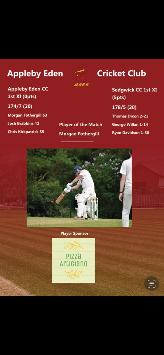 Last night saw our 1st XI debut our new club kit against Sedgwick in the WCL Hackney &amp; Leigh Cup. A huge thank you to our kit sponsors Barrnon and Lightfoot Stonework. 

Sedgwick 178/5 (20) 5 PTS
Appleby Eden 174/7 (20) 0 PTS