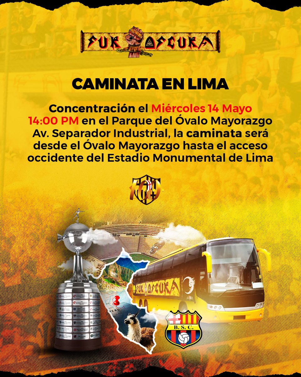 Gran concentración de toda la hinchada amarilla  rumbo al estadio. 
A los ecuatorianos y barcelonistas están cordialmente invitados a esta concentración. 

Hora: 14h00
Concentración: En el parque Ovalo Mayorazgo Av Separador Industrial..

#LaSurOscuraSomosTodos