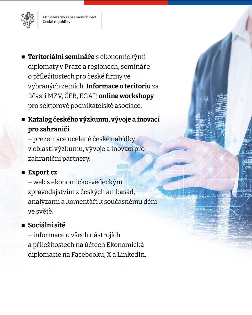 mzvcr's tweet photo. Jak MZV podporuje české firmy v zahraničí? 🇨🇿🌍
Přinášíme přehled nástrojů ekonomické diplomacie, které pomáhají českým exportérům rozšiřovat trhy, posilovat konkurenceschopnost a prosazovat se ve světě. #EkonomickaDiplomacie #PodporaExportu https://t.co/l5d4PT5WAy
