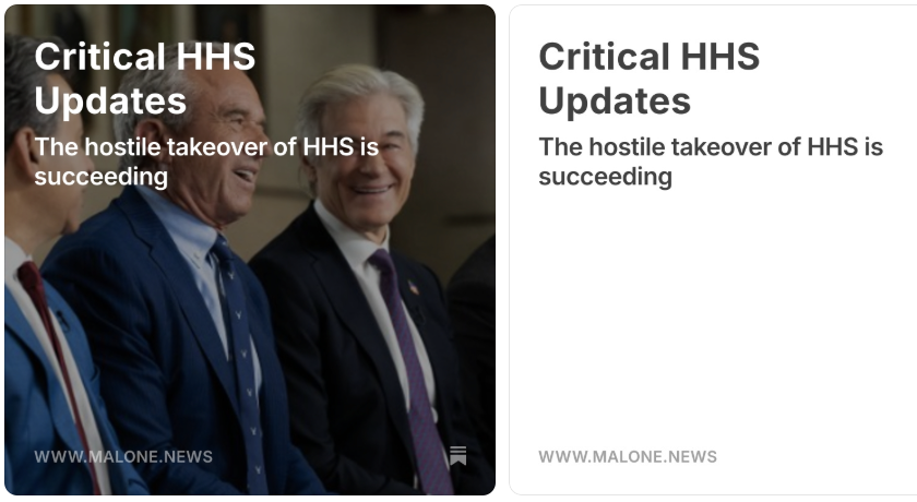 Breaking: Critical HHS Updates
The hostile takeover of HHS is succeeding
Click on the link for the article:
malone.news/p/critical-hhs…