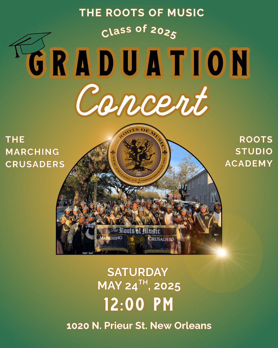 A good number of our Marching Crusaders and Studio Academy students are reaching the end of their time here at Roots. Come celebrate their accomplishments with us on May 24th at 12:00 pm! The Roots graduation concert will be held at The Roots of Music (1020 N. Prieur St.).