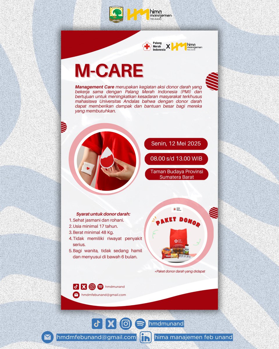 hmdmunand's tweet photo. [ MANAGEMENT CARE ]

Hai Mene Peeps!😄👋🏻

Siapa nih yang pengen berbuat kebaikan sambil tetap produktif di awal minggu?🙋🏻‍♀️

Yuk, ikutan M-CARE (Management Care), kegiatan donor darah hasil kolaborasi keren antara HMDM x Palang Merah Indonesia!💉🩸 https://t.co/oarvnzOUAu
