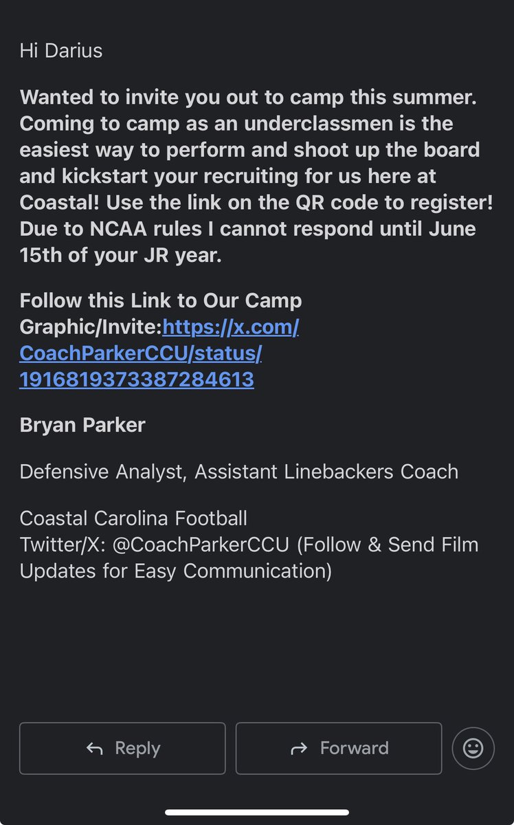 Darius Walker (@darius_wjr) on Twitter photo Thank you <a href="/CoachParkerCCU/">Bryan Parker</a> for personally inviting me to the Coastal Carolina Summer Camp ! <a href="/CoastalFootball/">Coastal Football</a> <a href="/GoCCUsports/">Coastal Carolina Athletics</a> Thank you <a href="/CoachParkerCCU/">Bryan Parker</a> for personally inviting me to the Coastal Carolina Summer Camp ! <a href="/CoastalFootball/">Coastal Football</a> <a href="/GoCCUsports/">Coastal Carolina Athletics</a>