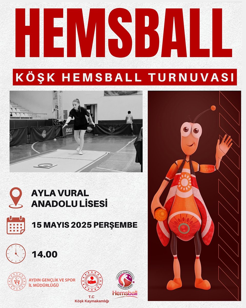 15 Mayıs 2025 Perşembe günü Köşk ilçemizde düzenlenecek olan Hemsball Turnuvası, Ayla Vural Anadolu Lisesi ev sahipliğinde gerçekleşecek.🏆 
 Heyecan dolu mücadelelere sahne olacak turnuvamıza tüm halkımız davetlidir.