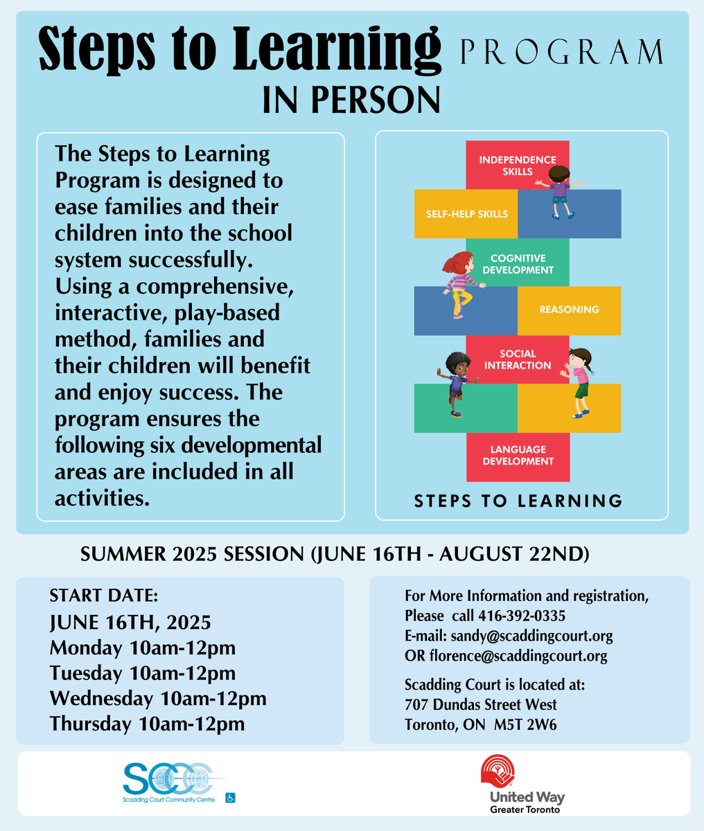 Steps to Learning is a preschool program funded by the United Way. This school readiness program is designed to ease families and their children into the school system successfully. 
Hours of operation: Monday - Thursday
10am - 12pm 
Summer 2025 session: June 16 - August 22