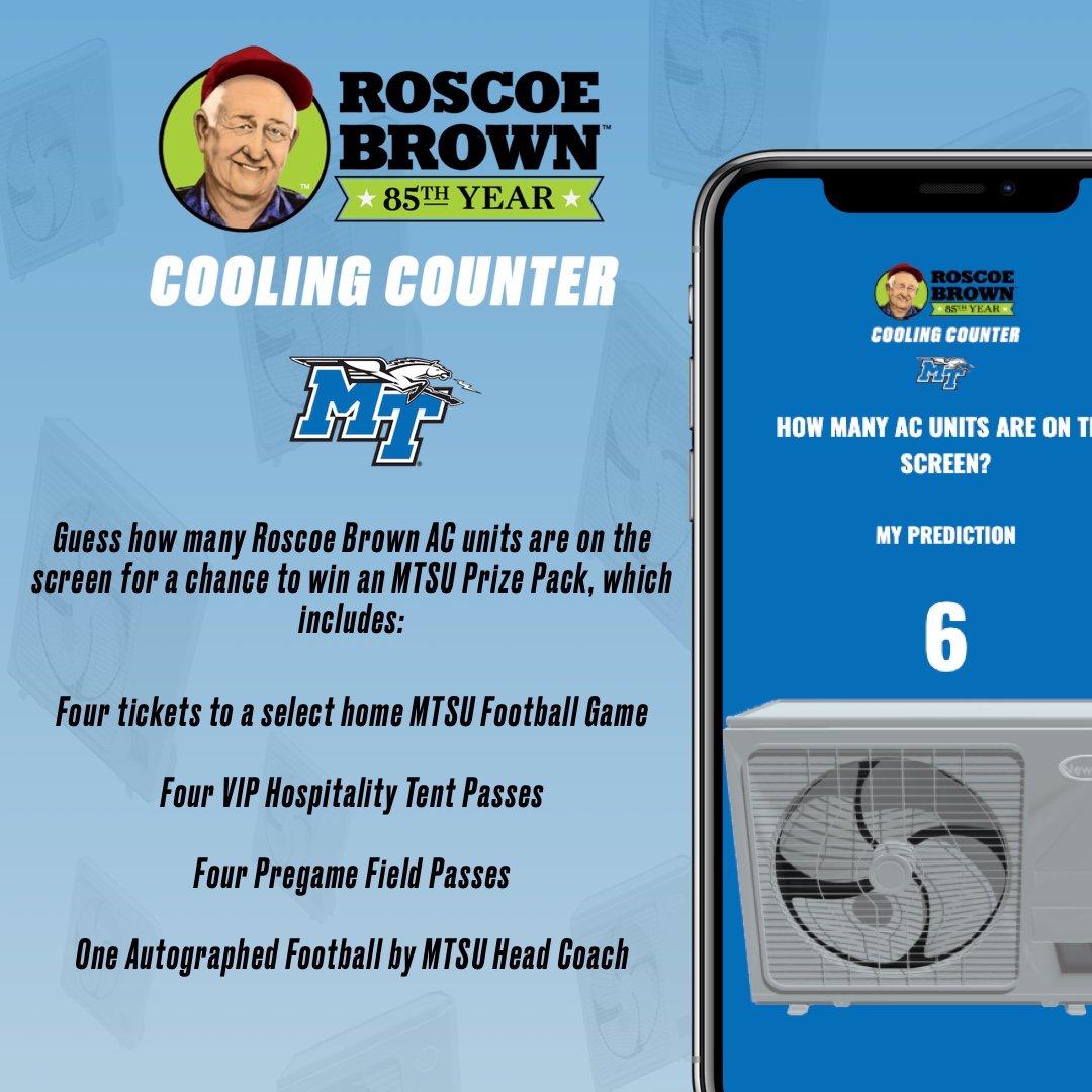 Middle Tennessee Athletics (@mtathletics) on Twitter photo Guess how many Roscoe Brown AC units for the chance to win an MTSU Prize Pack including tickets to an <a href="/MT_FB/">Middle Tennessee Football</a> game, VIP hospitality passes, pregame field passes, and an autographed football from <a href="/CoachDerekMason/">Derek Mason</a>!
👉 sqwadhq.com/mtsuroscoebrow… Guess how many Roscoe Brown AC units for the chance to win an MTSU Prize Pack including tickets to an <a href="/MT_FB/">Middle Tennessee Football</a> game, VIP hospitality passes, pregame field passes, and an autographed football from <a href="/CoachDerekMason/">Derek Mason</a>!
👉 sqwadhq.com/mtsuroscoebrow…