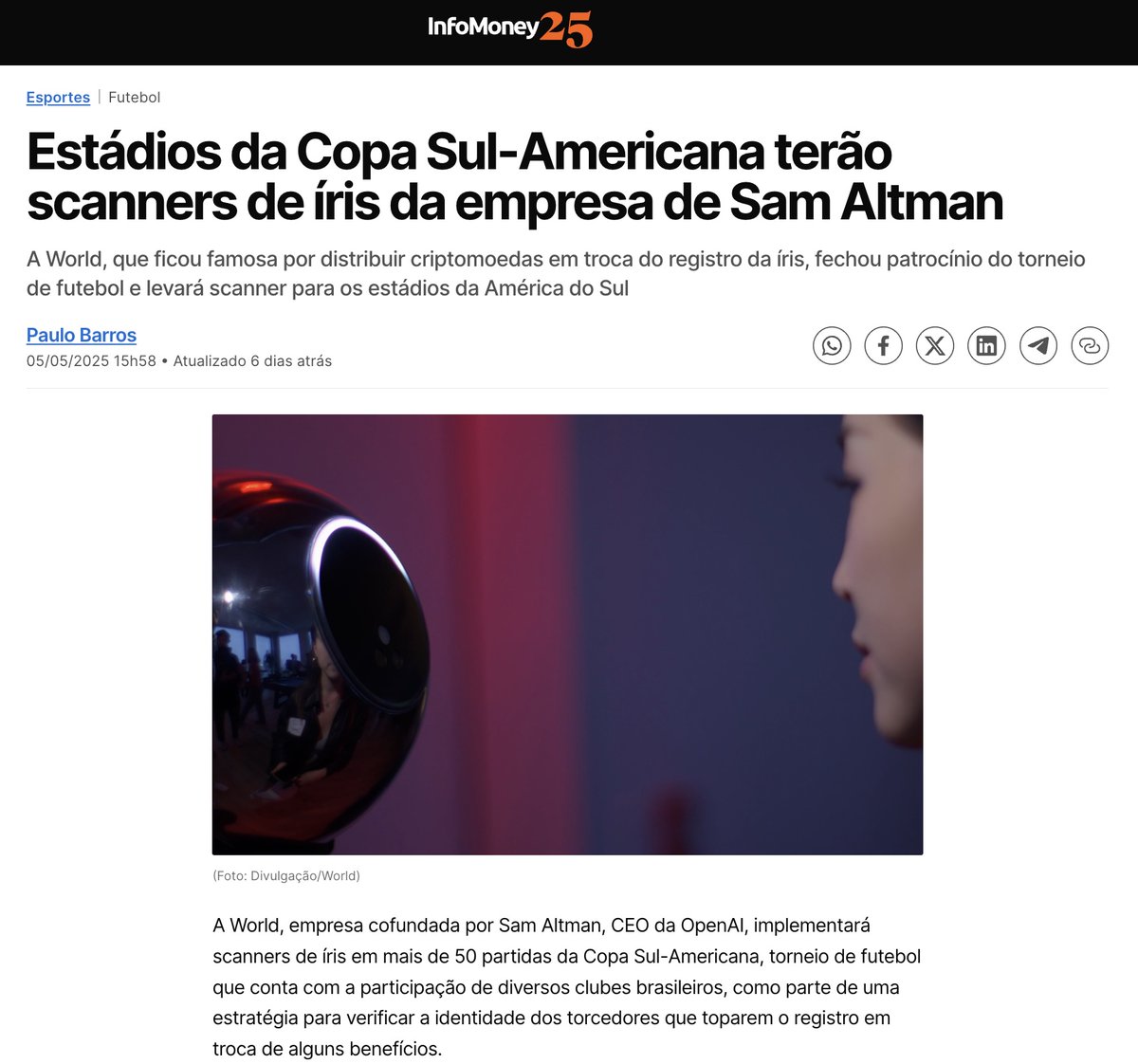 World inks football sponsorship deal with Copa Sudamericana @worldcoin,  co-founded by Sam Altman, will make its famous Orb iris scanners available  during more than 50 Copa Sudamerica tournament matches as part of