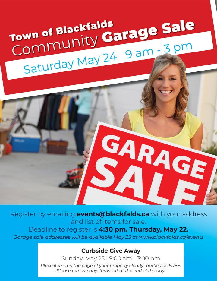 Town of Blackfalds (@blackfalds) on Twitter photo The annual Blackfalds Community Garage Sale is coming up on Saturday, May 24!
If you have some things you'd like to get rid of, sign up by emailing events@blackfalds.ca by May 22.
Kick it to the Curb will follow on Sunday, May 25. The annual Blackfalds Community Garage Sale is coming up on Saturday, May 24!
If you have some things you'd like to get rid of, sign up by emailing events@blackfalds.ca by May 22.
Kick it to the Curb will follow on Sunday, May 25.