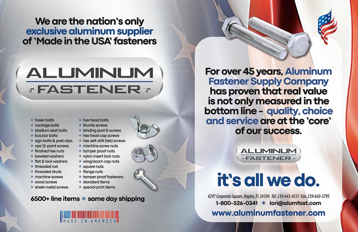 Link Magazine (@officiallinkmag) on Twitter photo ALUMINUM FASTENER SUPPLY - The nation's only exclusive aluminum supplier of "Made in the USA" fasteners for over 45 years!
Contact them today!
📧 lori@alumfast.com
☎️ 800-526-0341
aluminumfastener.com
#ThinkLINK #fasteners #fastenernews ALUMINUM FASTENER SUPPLY - The nation's only exclusive aluminum supplier of "Made in the USA" fasteners for over 45 years!
Contact them today!
📧 lori@alumfast.com
☎️ 800-526-0341
aluminumfastener.com
#ThinkLINK #fasteners #fastenernews