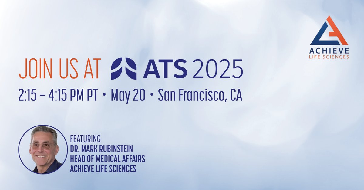 Achieve Life Sciences (@achievelifesci) on Twitter photo Don’t miss Dr. Mark Rubinstein’s presentation on new data from our Phase 3 studies at the <a href="/atscommunity/">American Thoracic Society (ATS)</a>’s International Conference!
Learn how cytisinicline, our investigational treatment, is advancing smoking cessation research.
#ATS2025 Don’t miss Dr. Mark Rubinstein’s presentation on new data from our Phase 3 studies at the <a href="/atscommunity/">American Thoracic Society (ATS)</a>’s International Conference!
Learn how cytisinicline, our investigational treatment, is advancing smoking cessation research.
#ATS2025