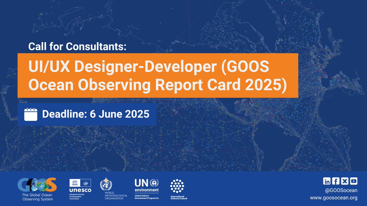 GOOSocean's tweet image. 📣 GOOS is looking for an experienced UI/UX Designer-Developer to develop the virtual version of the GOOS Ocean Observing Report Card 2025!
📅 Deadline: 6 June 2025
🔗 More details: bit.ly/4meFbiv