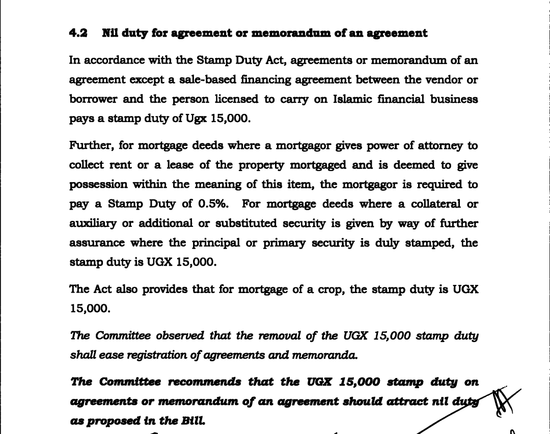 The House passes the Stamp Duty 
(Amendment) Bill, 2025. The Bill provides that the Shs15,000 stamp duty on agreements or memorandum of an agreement should attract nil duty.
#PlenaryUg