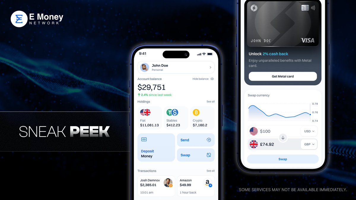 E Money Network (@emoney_network) on Twitter photo 🚀 Get ready for the next chapter.
We’re building the ultimate financial super-app, gasless transactions, multi-currency wallets, virtual cards, and more. 🔥
And don’t worry, all the features you already love like seamless crypto swaps, buy/sell options and instant transfers are 🚀 Get ready for the next chapter.
We’re building the ultimate financial super-app, gasless transactions, multi-currency wallets, virtual cards, and more. 🔥
And don’t worry, all the features you already love like seamless crypto swaps, buy/sell options and instant transfers are