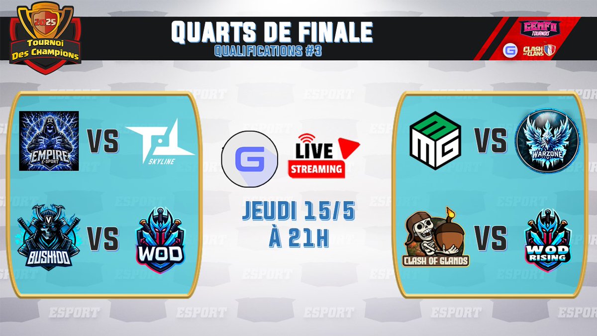 📢 Grosse pression pour cet avant dernier mois de Qualif !  
🔥 Les quarts de finale et les demi-finales du tournoi GEmFo arrivent à grands pas !  
📺RDV Jeudi 15 mai dès 21h sur la chaine YT de
<a href="/gouloulou_coc/">Gouloulou</a>

 #ClashofClans #eSport