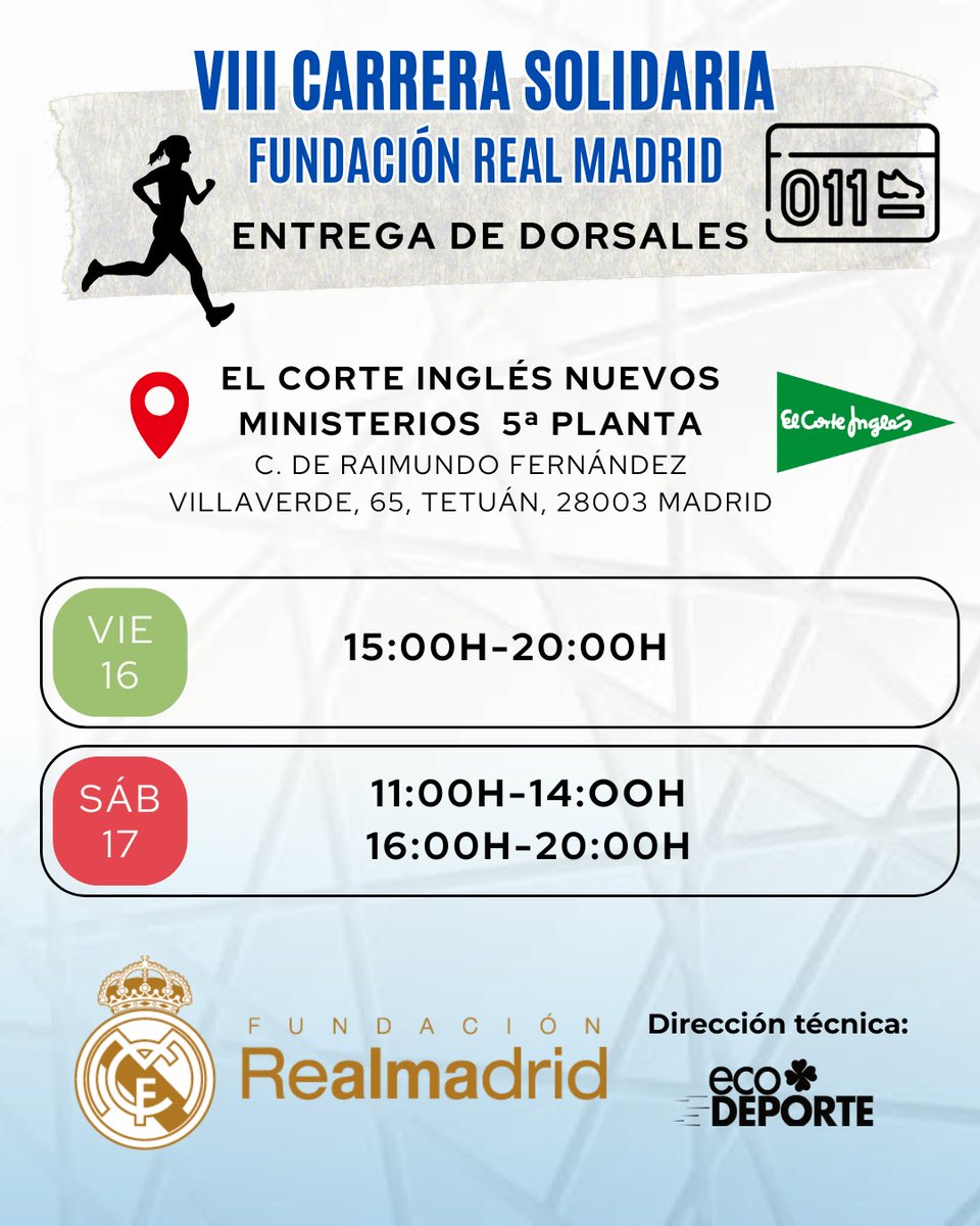 Te esperamos en la 5° planta de corte inglés! 💪🏻🏃🏻‍♀️

Viernes 16 y sábado 17 de mayo recogida de dorsales en el corte inglés de nuevos ministerios 😜

#ecodeporte #carrerarealmadrid #fundacionrealmadrid #deporte #madrid #dorsales
