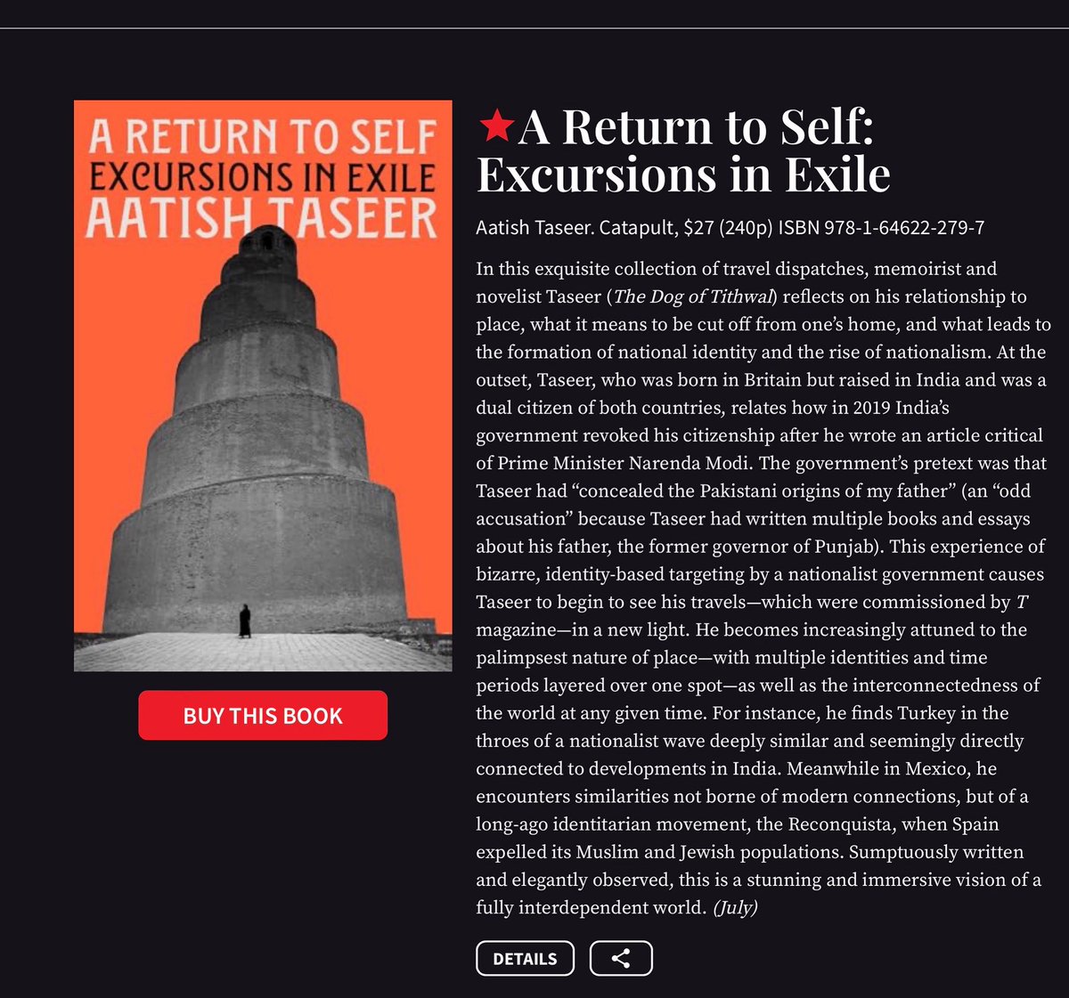 Delighted to share this starred review — the first! — of my new book in <a href="/PublishersWkly/">Publishers Weekly</a>. A Return to Self: Excursions in Exile. Out on July 15 with <a href="/CatapultStory/">Catapult</a> and <a href="/HarperCollinsIN/">HarperCollins</a> ⭐️❤️👯‍♀️