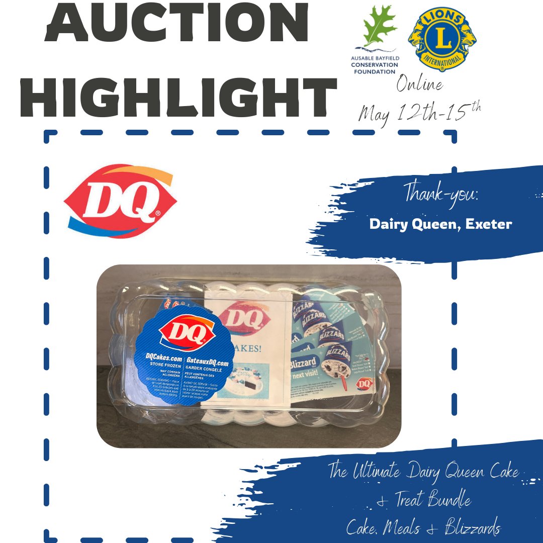Courtesy Dairy Queen, Exeter, here's a fantastic package including gift certificates for 8-inch DQ Cake; 4 Mini Blizzards; &amp; 4 free DQ Chicken Strip Baskets. $100 value. Tomorrow (May 15) is the last day to bid: zeffy.com/ticketing/35th… #ConservationAuction