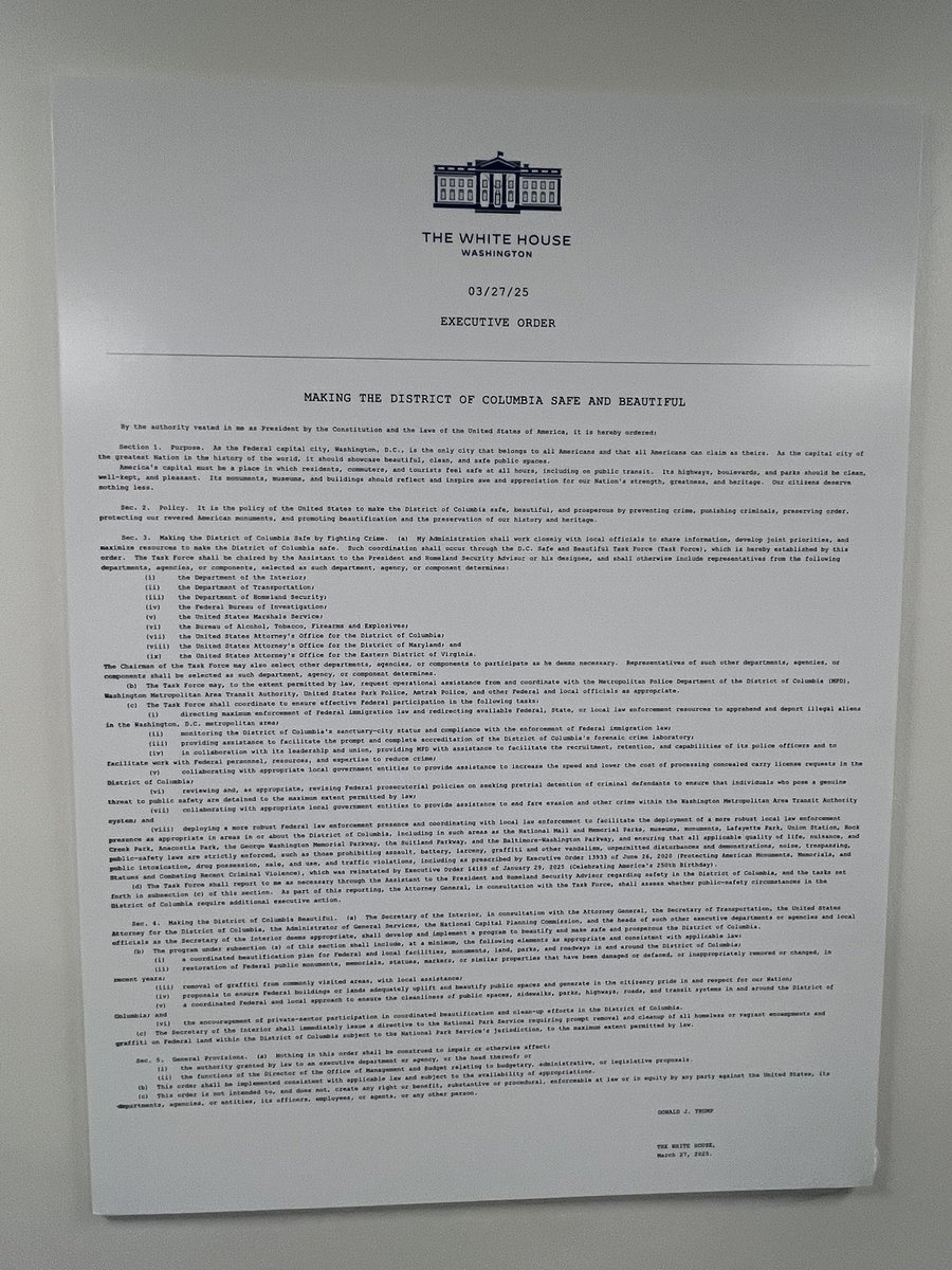 USAEdMartin's tweet image. As soon as @realDonaldTrump signed his epic “Making The District of Columbia Safe and Beautiful” executive order, I posted it in my office and throughout the Patrick Henry Building. Thank you, Mr. President.