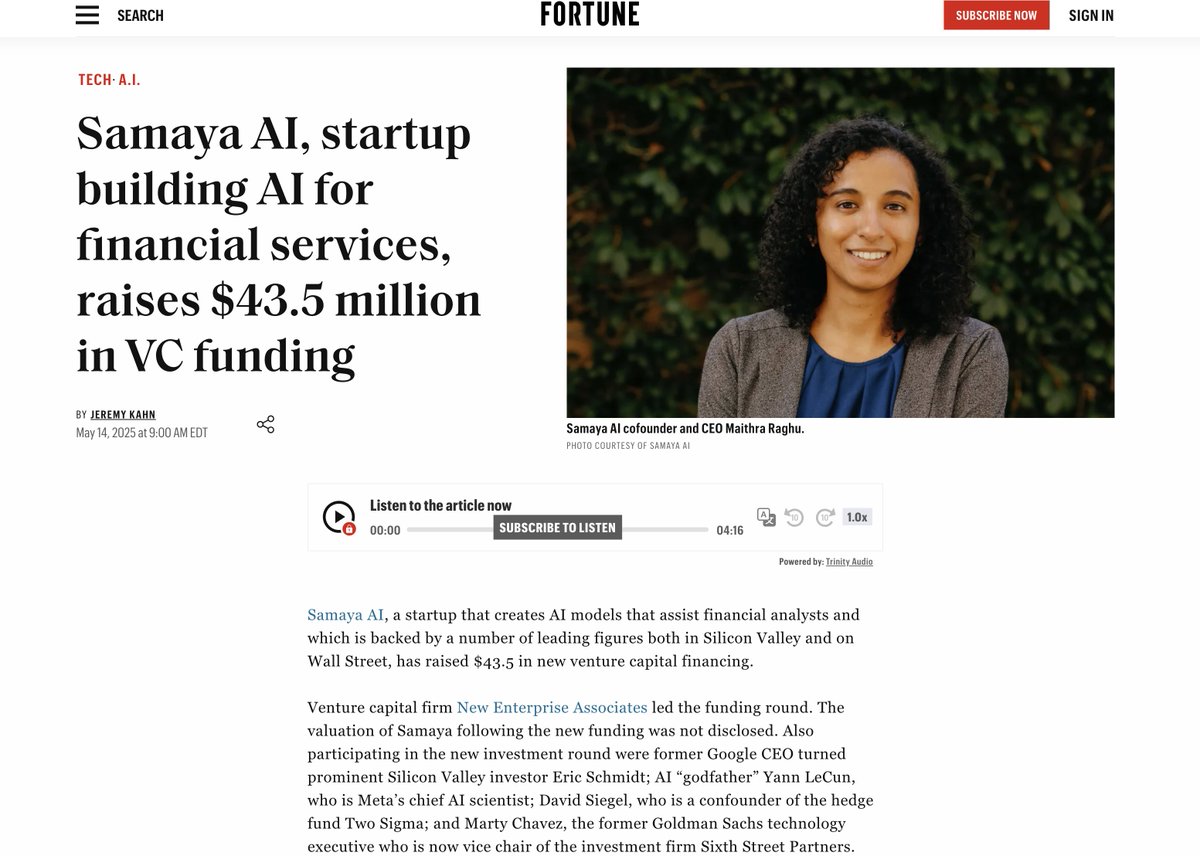 🚀 Thrilled to share that @SamayaAI has raised $43.5M in funding led by <a href="/NEA/">NEA</a> to build Expert AI Agents for financial services and transform knowledge work at scale.

We started Samaya in 2022 — before ChatGPT — with a belief:
 💡 AI could revolutionize sophisticated financial