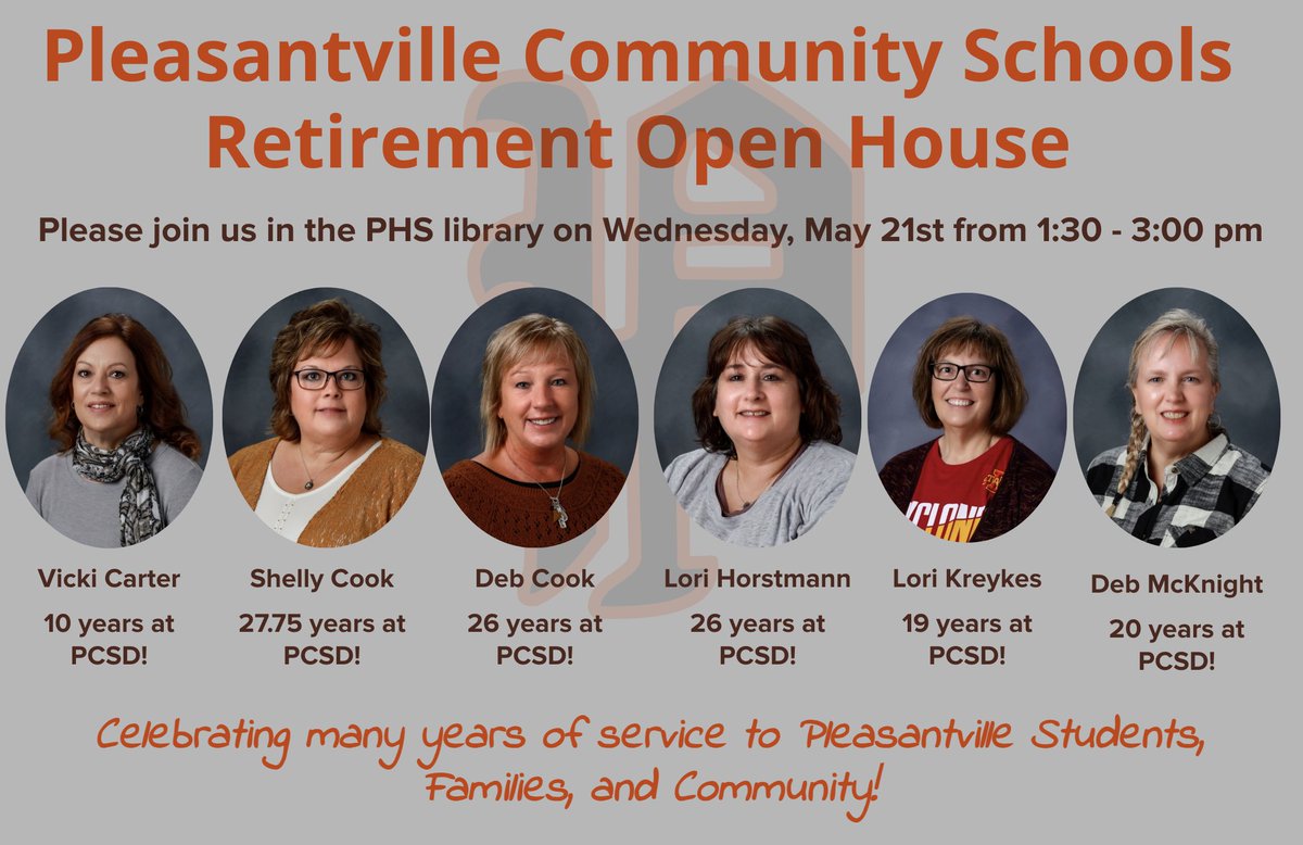 Join us in celebrating and recognizing the updated PCSD retiree class of 2025 🙂

Vicki Carter - 10 years
Shelly Cook - 27.75 years
Deb Cook - 26 years
Lori Horstmann - 26 years
Lori Kreykes - 19 years
Deb McKnight - 20 years