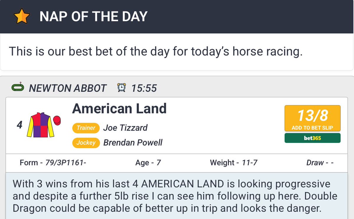 LOVE A WINNING DRIFTER!

The NAP wins over at <a href="/NewtonAbbotRace/">Newton Abbot Races</a> as the progressive AMERICAN LAND follows up <a href="/JoeTizzard/">Joe Tizzard</a> <a href="/brendanp1995/">Brendan Powell Jr</a>