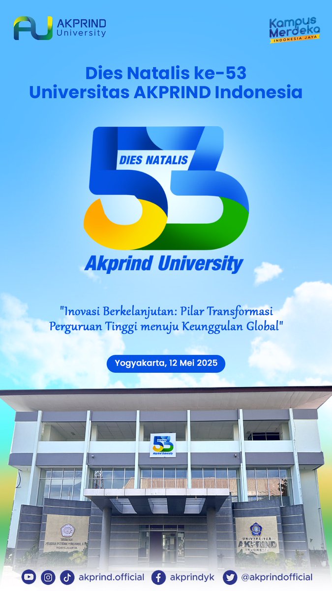 Selamat Dies Natalis ke-53!🎉 

Terus jadi pelopor inovasi, mencetak generasi hebat, dan berkontribusi untuk negeri. ✨

Jayalah kampusku, terus menginspirasi, berkarya, dan bertransformasi menuju masa depan gemilang! 🚀

#beritakprind #akprinduniversity #terusbertransformasi