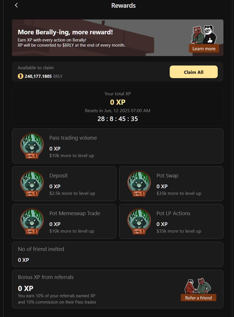 Berally π»βοΈ (@berally_io) on Twitter photo The new epoch is here!
Use app.berally.io to earn tokens. Get bonus points this month by creating a Pot and trading. Or better yet, refer your friends and earn $BERA! The new epoch is here!
Use app.berally.io to earn tokens. Get bonus points this month by creating a Pot and trading. Or better yet, refer your friends and earn $BERA!