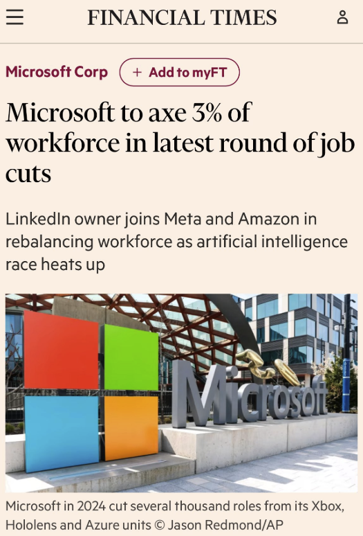 Microsoft follows Burberry announcing 1,700 job losses today. 

Sainsbury's announced 3,000, Gymshark 300 last week

Jobs are going at even the most sucessful companies.
