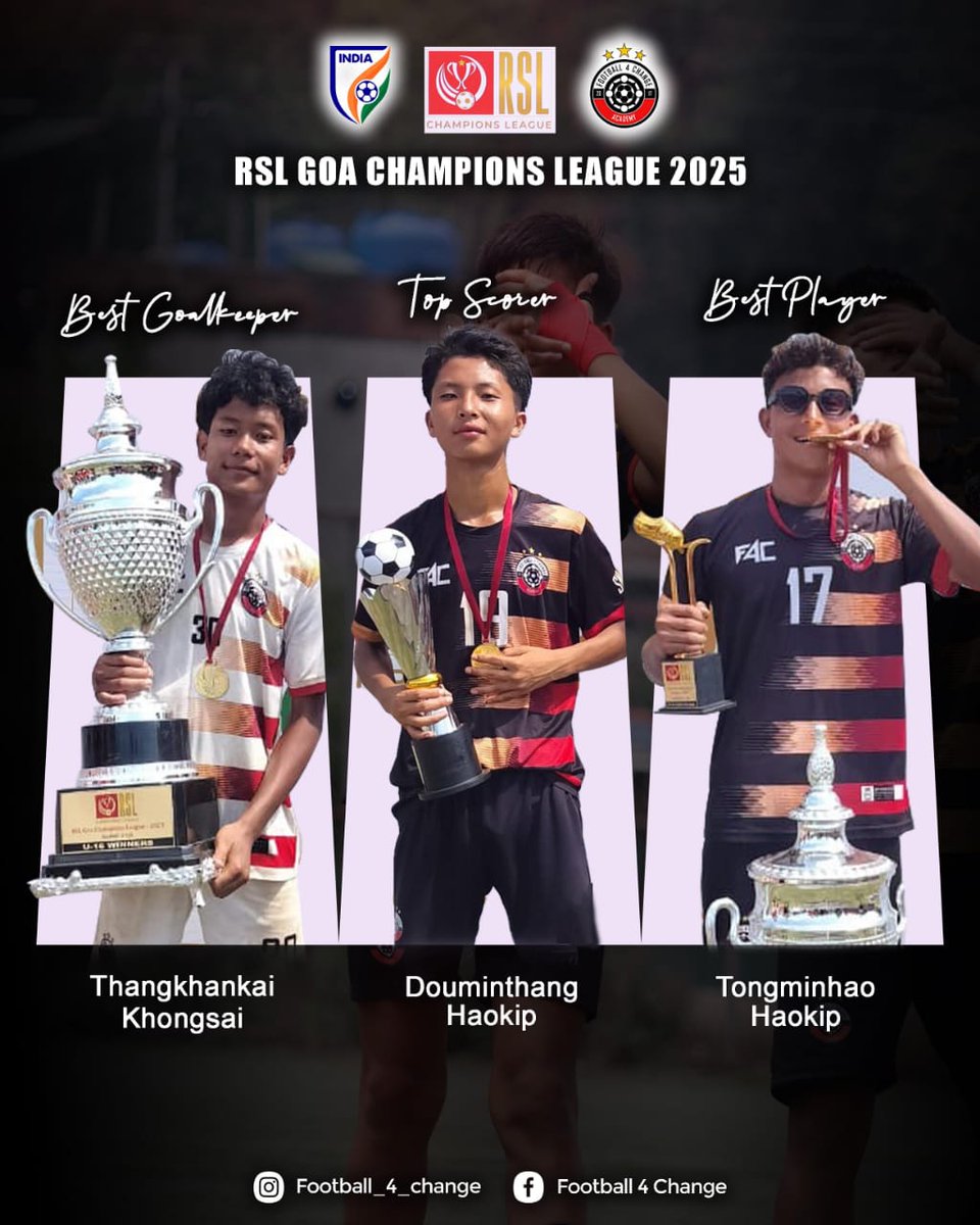 Inside_Manipur's tweet photo. At the RSL Champions League 2025 in Goa, our F4C boys didn’t just win—they dominated! A campaign marked by grit, flair, and firepower ends in GLORY. Individual brilliance lit up the team’s path to the title. #RSLChampions #F4C
#Manipur
@kakar_harsha @haokipkim128 @iamharmeetk https://t.co/vLJsfO3USn