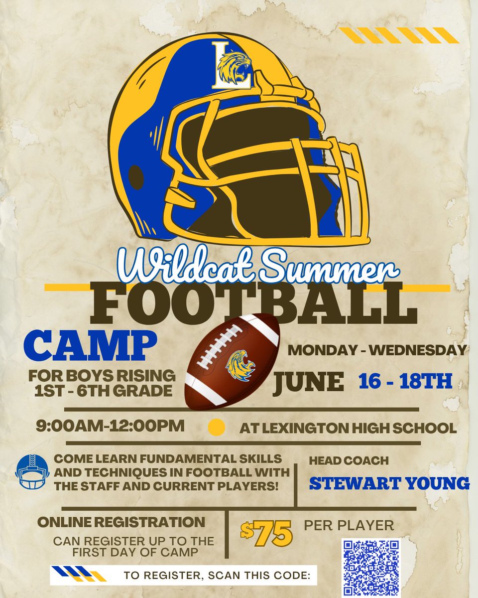 Lexington HS Wildcat Athletics (@lhs_wildcats) on Twitter photo Want to come to camp with the Wildcat Football staff and players?? Registration is open!
When: June 16-118
Time: 9:00 - 12:00
Age: Rising 1st - 6th grade boys
<a href="/LHSWildcatFB/">Lexington Wildcat Football</a> <a href="/lexhsyoung/">Stewart W Young</a> Want to come to camp with the Wildcat Football staff and players?? Registration is open!
When: June 16-118
Time: 9:00 - 12:00
Age: Rising 1st - 6th grade boys
<a href="/LHSWildcatFB/">Lexington Wildcat Football</a> <a href="/lexhsyoung/">Stewart W Young</a>
