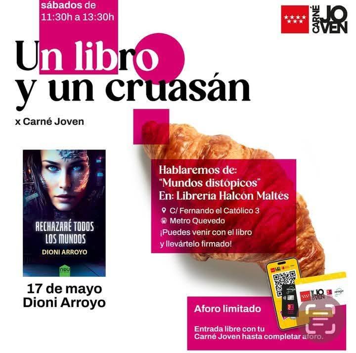 Este sábado tenéis un desayuno de otro mundo con tu <a href="/carne_joven_mad/">Carné Joven Madrid</a> porque os hablaré de #CienciaFicción , #Cyberpunk , #Transhumanismo y de mi novela "Rechazaré todos los mundos". Lee, debate y desayuna con autores. En @libreriahalconmaltes , <a href="/NouEditorial/">NOU Editorial</a> a las 11:30h.