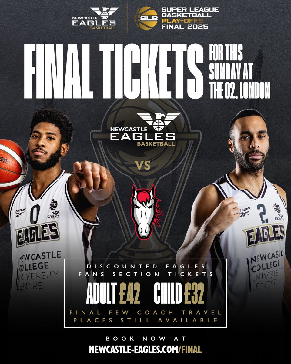 Newcastle Eagles (@newcastleeagle) on Twitter photo ๐ง๐๐๐๐๐ง๐ฆ ๐ฆ๐ง๐๐๐ ๐๐ฉ๐๐๐๐๐๐๐ ๐๐ข๐ฅ ๐ฆ๐จ๐ก๐๐๐ฌ!
๐ Get behind our Eagles when they face Riders in the Play-Off Final this Sunday at The O2!
๐ Book now at newcastle-eagles.com/final or in our app! ๐ฒ
๐ Last few coach travel places also available.
#WeAreEagles ๐ง๐๐๐๐๐ง๐ฆ ๐ฆ๐ง๐๐๐ ๐๐ฉ๐๐๐๐๐๐๐ ๐๐ข๐ฅ ๐ฆ๐จ๐ก๐๐๐ฌ!
๐ Get behind our Eagles when they face Riders in the Play-Off Final this Sunday at The O2!
๐ Book now at newcastle-eagles.com/final or in our app! ๐ฒ
๐ Last few coach travel places also available.
#WeAreEagles