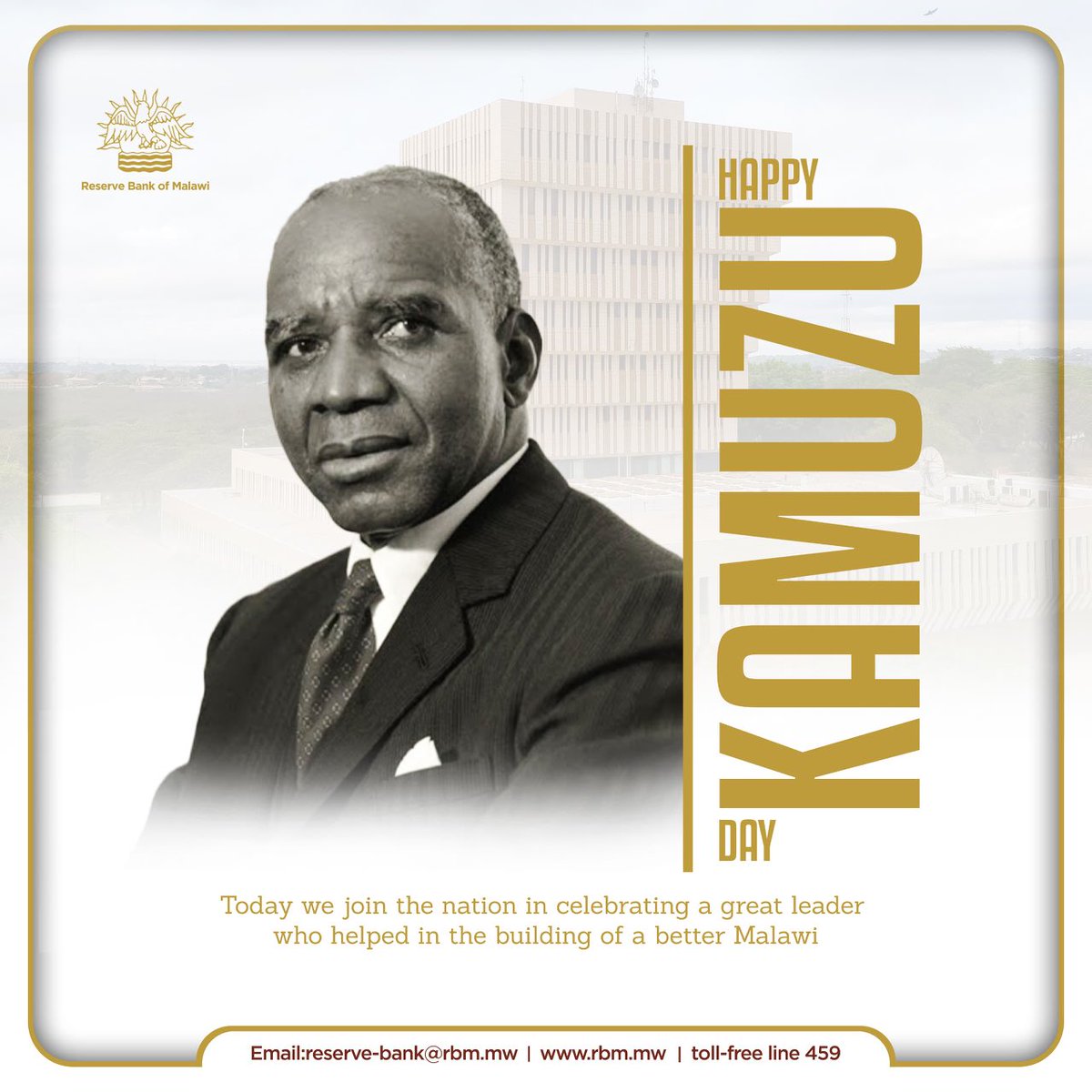 The Reserve Bank of Malawi join the nation in celebrating the life of Ngwazi Dr. Hastings Kamuzu Banda. father and founder of the Malawi nation. Happy Kamuzu Day!