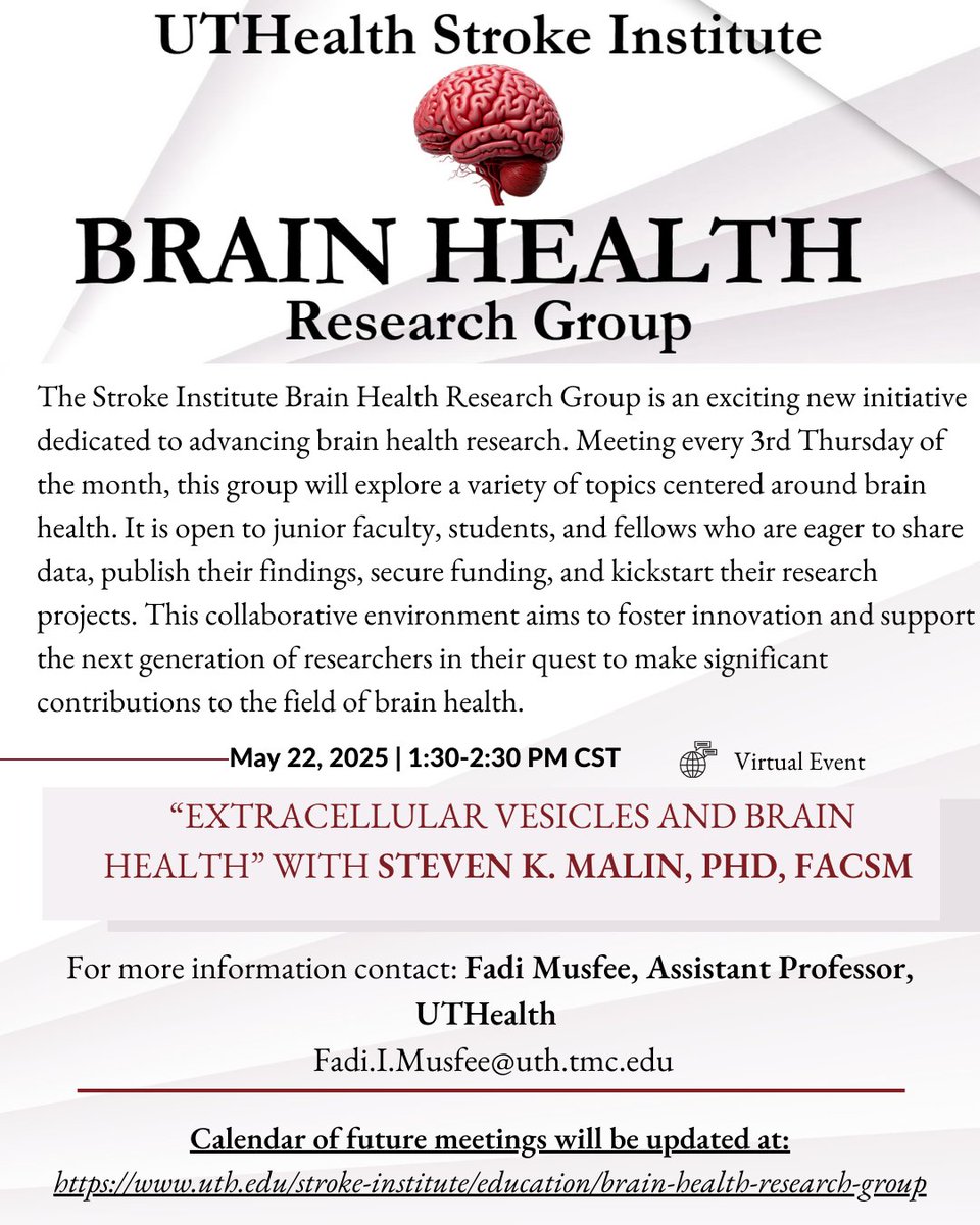Institute for Stroke and Cerebrovascular Disease (@uthealthstroke) on Twitter photo Join us Thursday May 22, 1:30pm CST for our next Stroke Institute Brain Health Research Group! Contact Fadi Musfee, PhD @Fadi.I.Musfee@uth.tmc.edu for more information! 📆🧠 Join us Thursday May 22, 1:30pm CST for our next Stroke Institute Brain Health Research Group! Contact Fadi Musfee, PhD @Fadi.I.Musfee@uth.tmc.edu for more information! 📆🧠