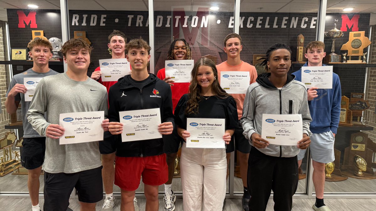 MHSCards1's tweet image. The Triple Threat Award is given to student-athletes who participate in a KHSAA sport or sport-activity on the varsity level during each season of the academic year (fall/winter/spring). Congrats to several of our student-athletes on this accomplishment. #TripleThreat