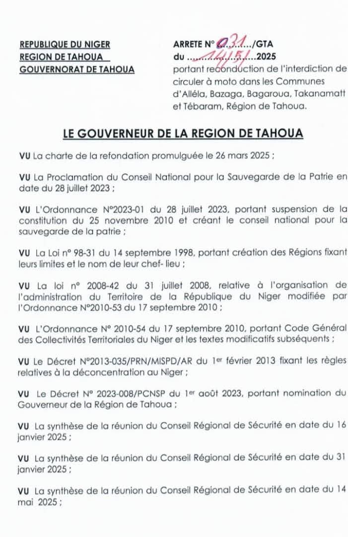 aboubacarybarma's tweet photo. #Niger #Insécurité
#Tahoua: Arrêté du Gouverneur portant reconduction de l'interdiction de circuler à moto dans les communes de #Allela, #Bazaga, #Bagaroua, #Takanamatt et #Tébaram. https://t.co/pE28aeUzg9