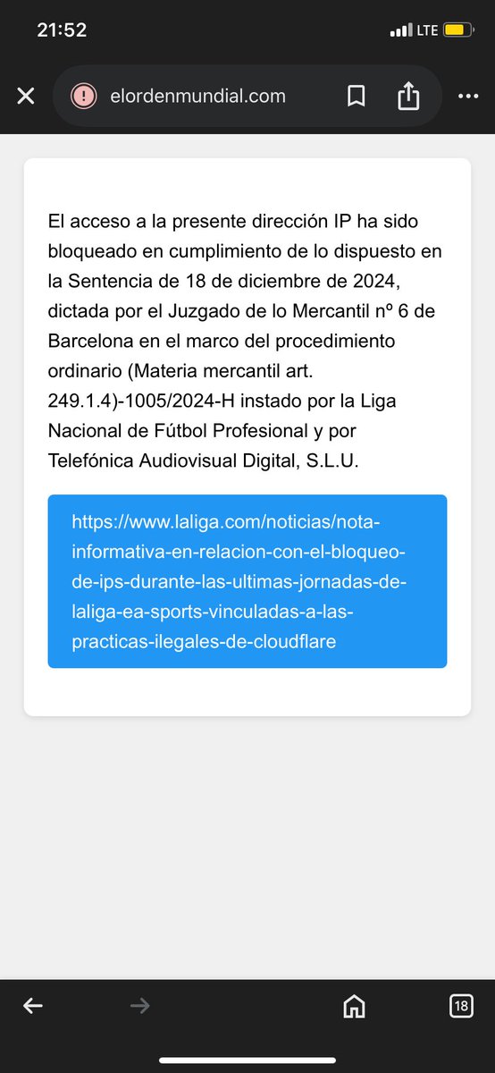 Eduardo Saldaña (@eduardosaldania) on Twitter photo Esta es la situación si intentas entrar ahora mismo en la página web de <a href="/elOrdenMundial/">El Orden Mundial</a>. Se ha normalizado el bloqueo masivo de páginas web en lo que es una violación de derechos y libertades con pocos precedentes. Para evitar que unos pocos pirateen la liga, pagamos todos. Esta es la situación si intentas entrar ahora mismo en la página web de <a href="/elOrdenMundial/">El Orden Mundial</a>. Se ha normalizado el bloqueo masivo de páginas web en lo que es una violación de derechos y libertades con pocos precedentes. Para evitar que unos pocos pirateen la liga, pagamos todos.