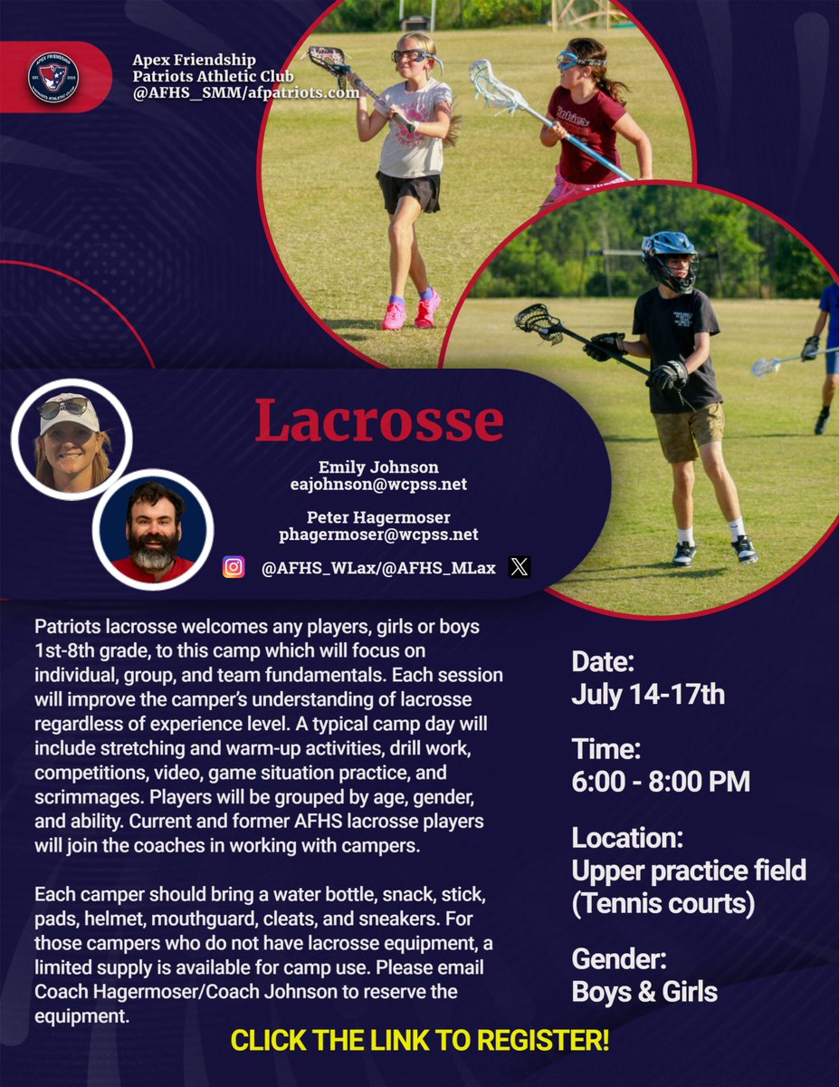 July 14-17th <a href="/AFHS_Baseball/">Patriots Baseball</a> <a href="/AFHS_wlax/">AFHS wlax</a> <a href="/AFHS_mlax/">Apex Friendship Mens Lacrosse</a>