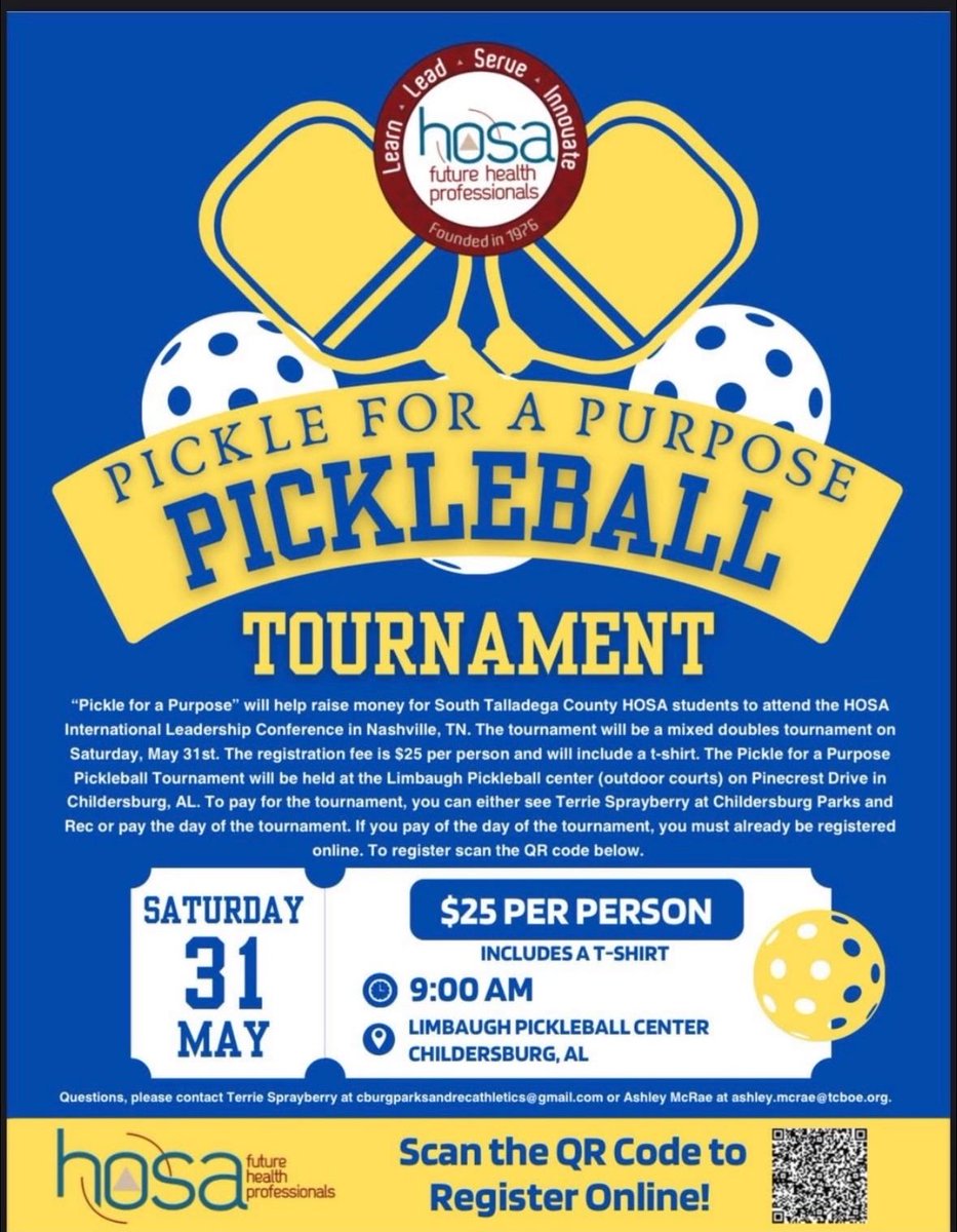 Our HOSA chapter is hosting a pickleball tournament! See the flyer for all the details!