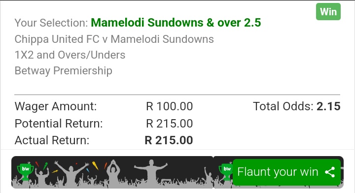 Check out my bet on betway betway.co.za/?share-bet=fch…
#Betwaycodes 
#BETWAYPremiership 
#BetwayPrem 
<a href="/Betway_za/">Betway ZA</a> 
#BETWAYPremiership 

Profit made 🏆